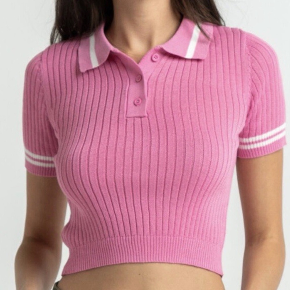 Meshki Pink Ribbed Polo Crop Top with White Trim